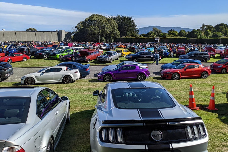 A big meet on grass: rows of cars under the hills, a silver Mustang in front