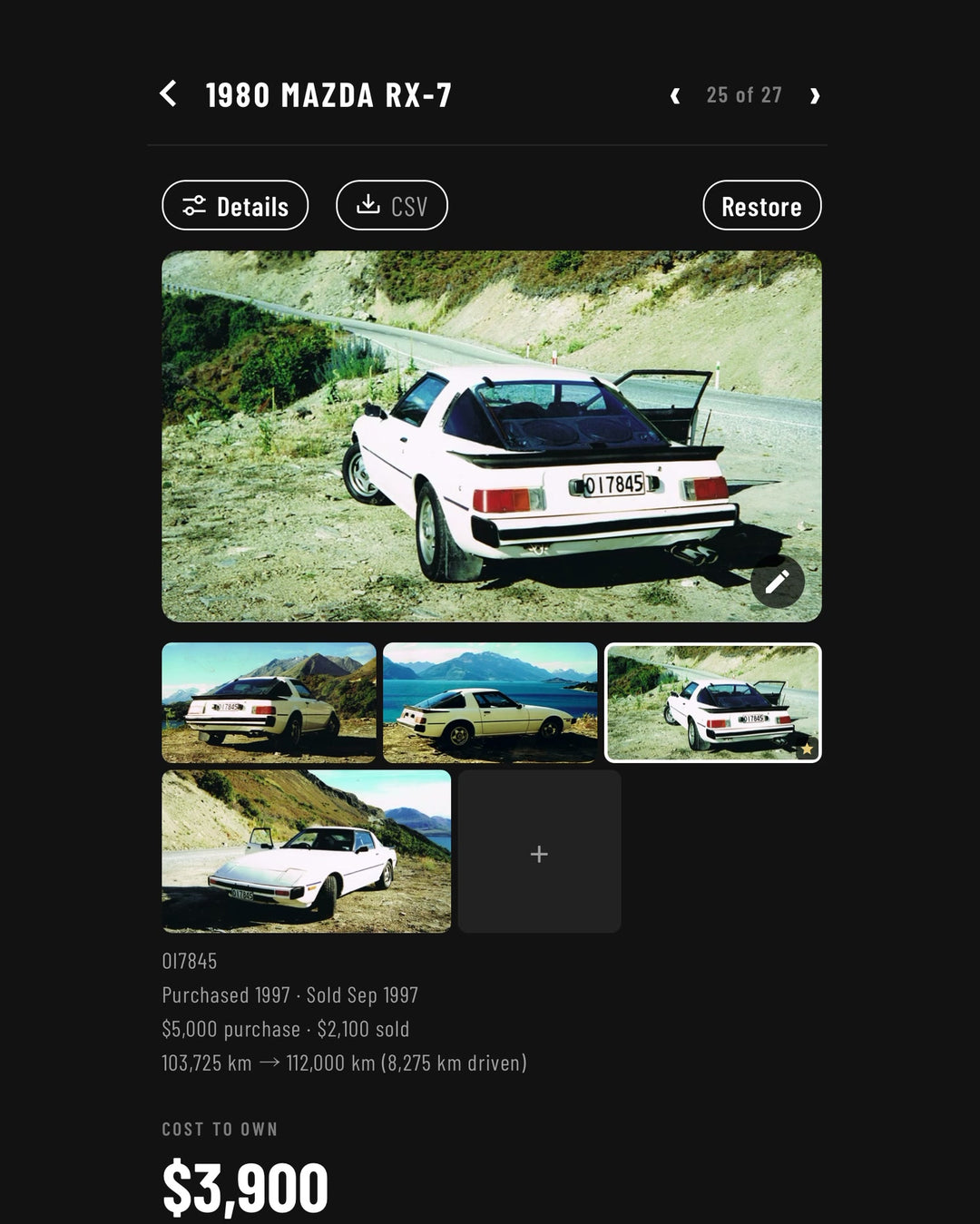 A still from the walkthrough: the app open on a 1980 Mazda RX-7, with its photographs and what it cost