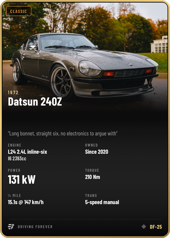 A Driving Forever member card for a 1972 Datsun 240Z