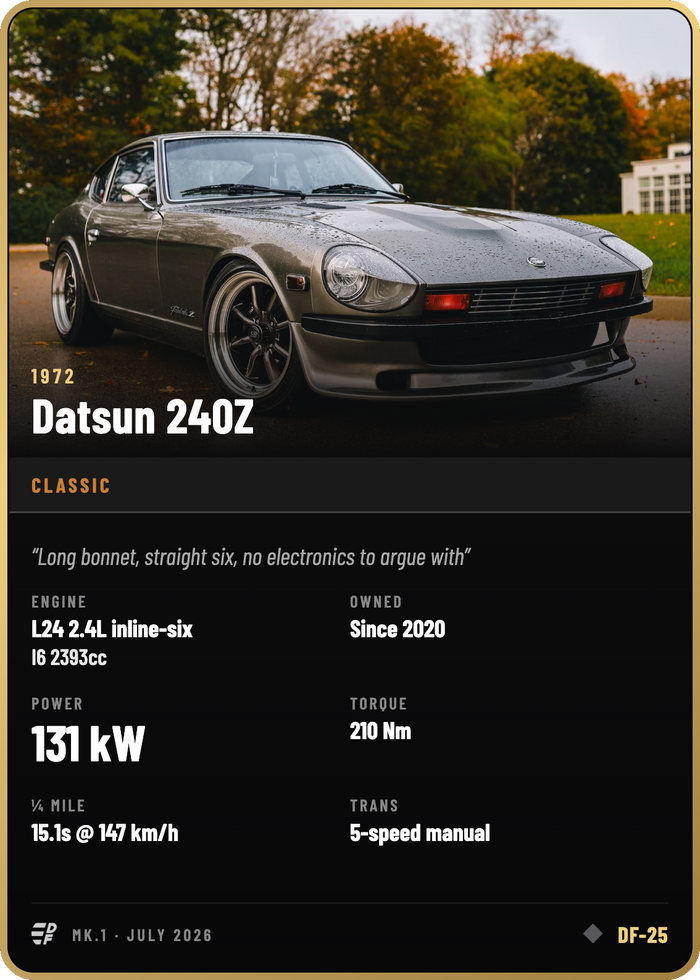 A Driving Forever member card for a 1972 Datsun 240Z