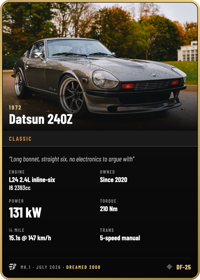 A Driving Forever member card for a 1972 Datsun 240Z