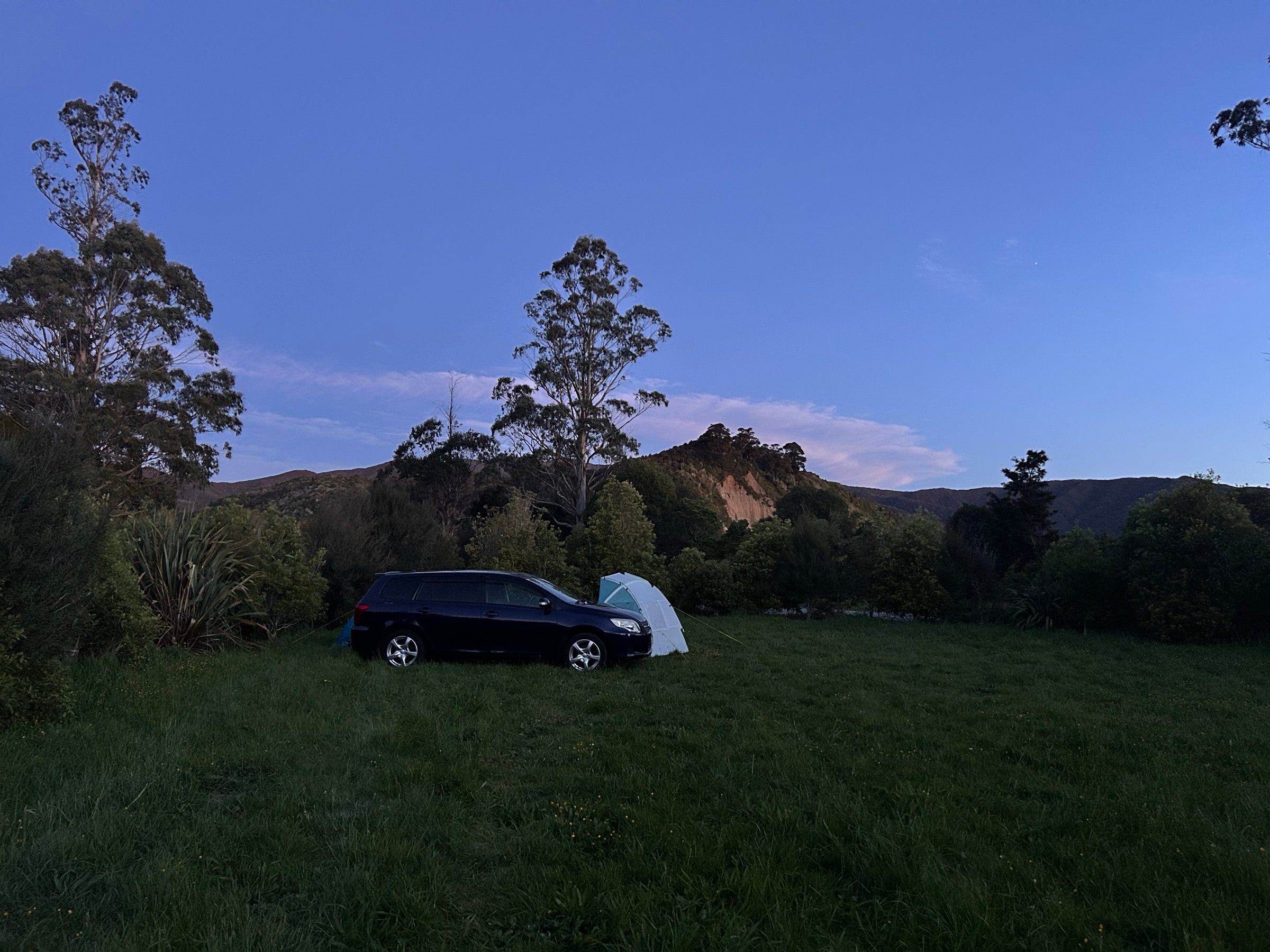 A quiet roadside camp at dusk