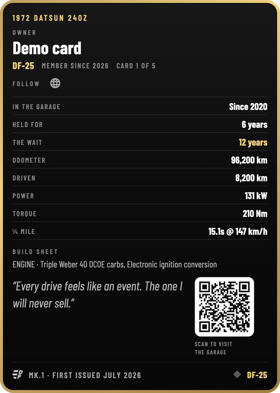 The back of a Collected copy of the 240Z card, with its code