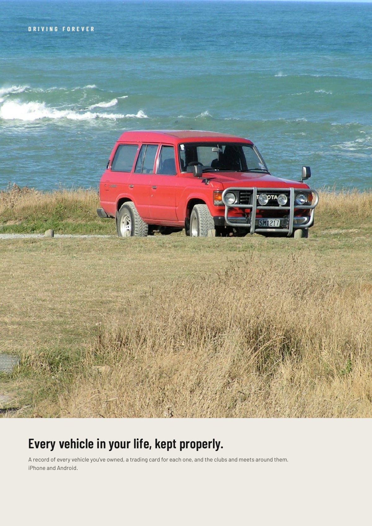 The cover of the Driving Forever brochure: a red Land Cruiser parked above the sea