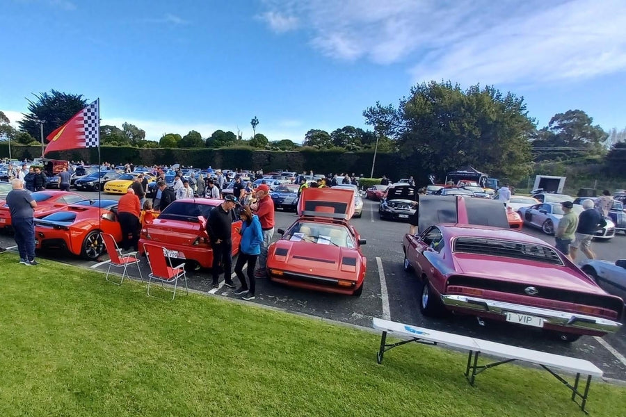 A Driving Forever meet: a row of cars with members walking among them